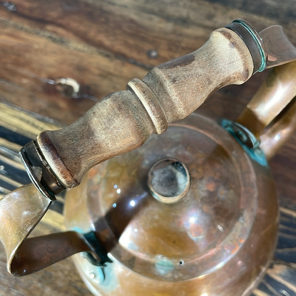 Vintage Copper Teapot with Wooden Handle gorgeous greening! This is a beauty! - Picture 13 of 17